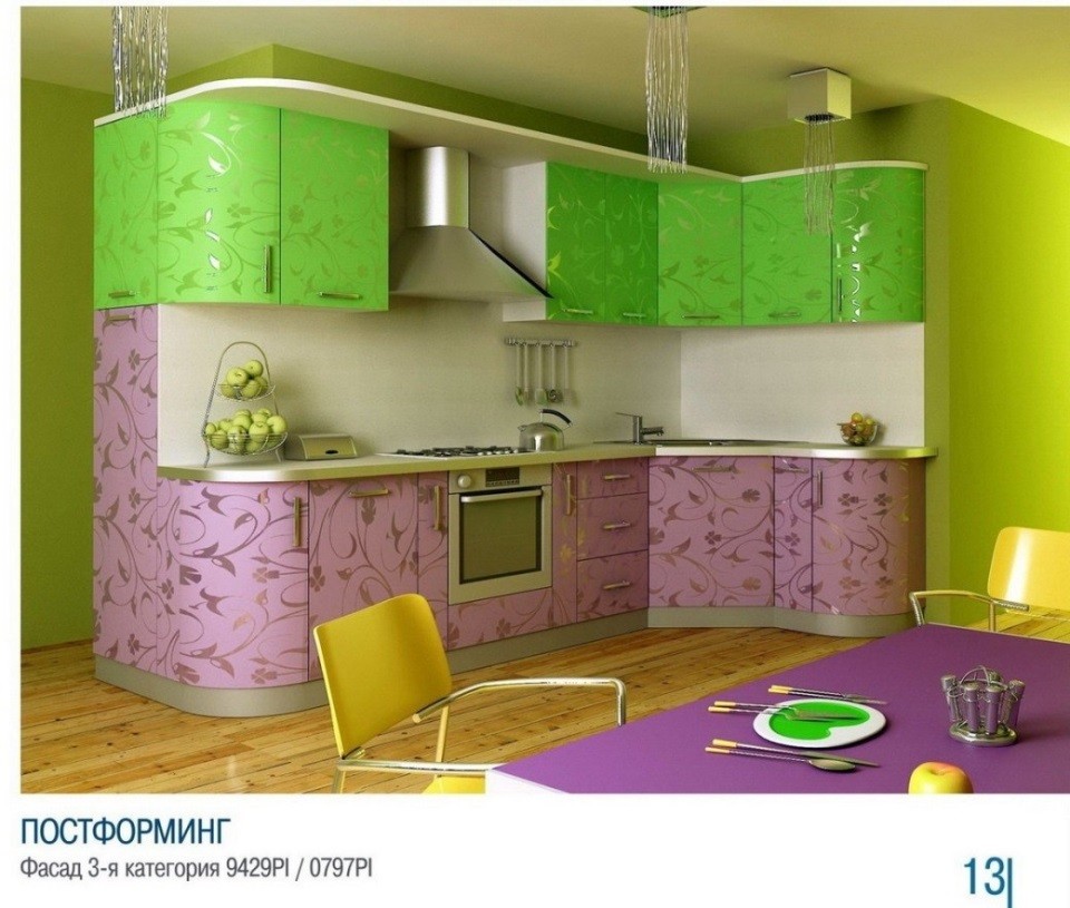 Угловая кухня розовая с салатовым в Московской области. Купить кухню недорого. Цена со скидкой