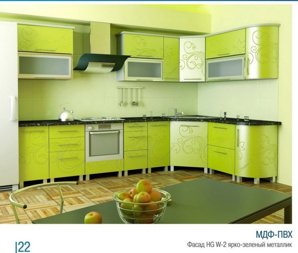 Угловая кухня из МДФ ярко-зелёный металлик в Щукино. Купить кухню недорого. Цена со скидкой